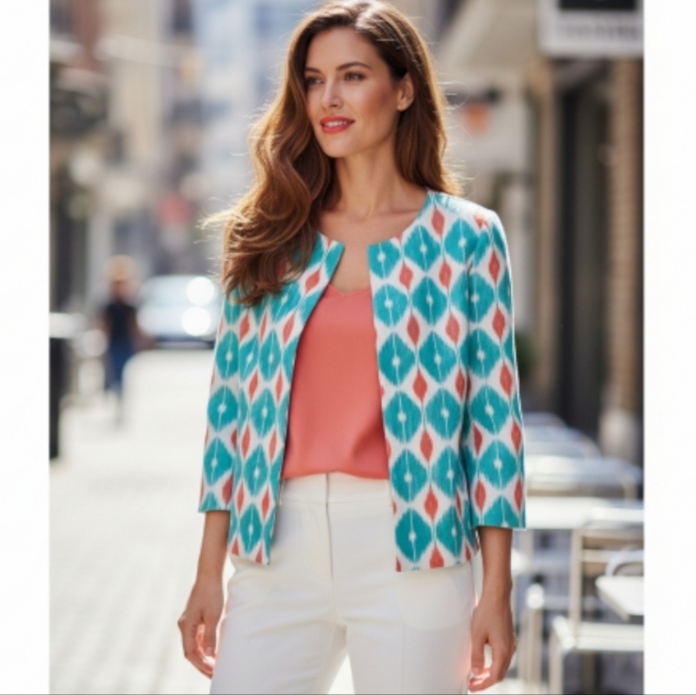 Dana Buchman 100% Linen Teal & Orange Ikat Blazer Jacket